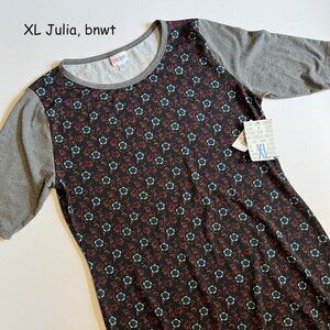 XL Lularoe Julia sheath dress, black with flowers, grey sleeves